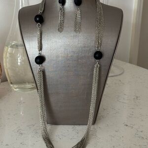 Elegant Black Bead and Silver Multi-Chain Necklace with Matching Earrings